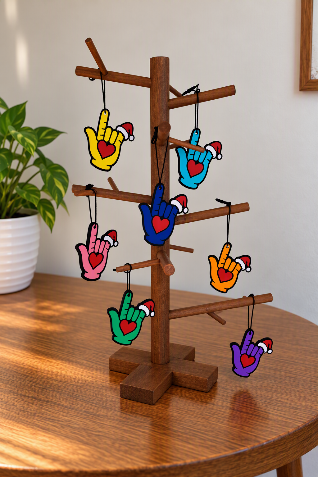 ASL "I Love You" Heart Ornament with Santa Hat -All 7 Colors