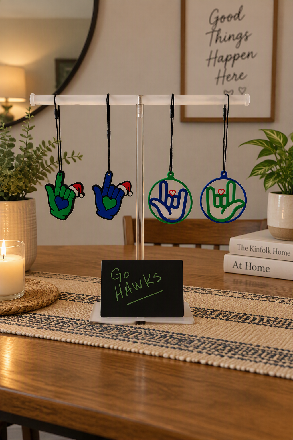ASL "I Love You" Heart Ornament Seahawks Colors - 4 Ornaments