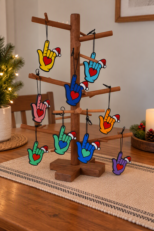 ASL "I Love You" Heart Ornament with Santa Hat - Single Color